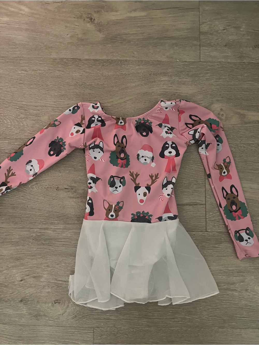 Girls Pink Holiday Dog Print Dance Costume with White Skirt